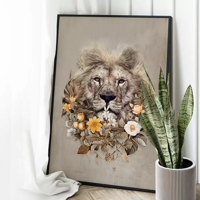 Quadro Decorativo Leão Floral - Coleção Collage Flowers