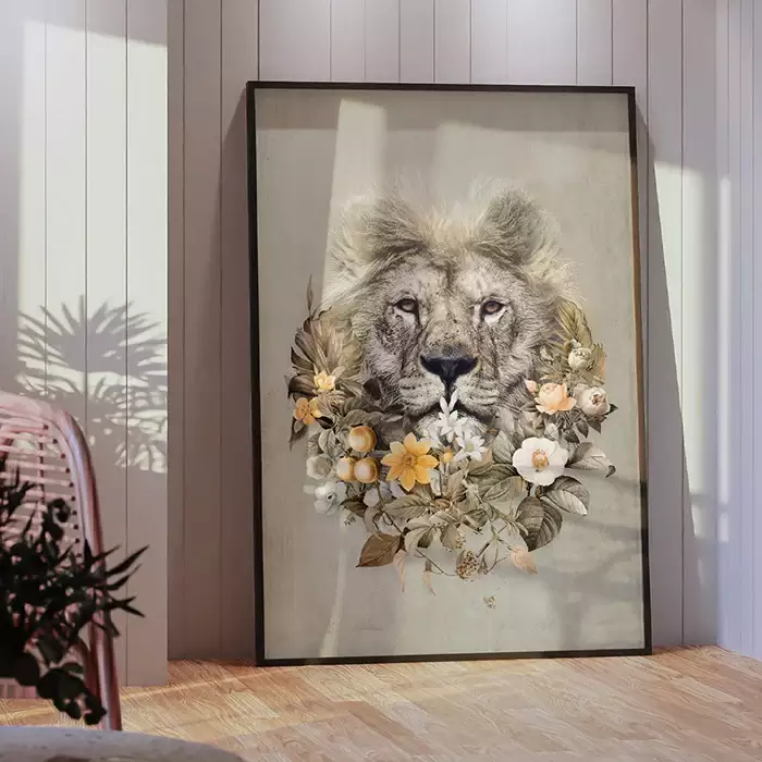 Quadro Decorativo Leão Floral - Coleção Collage Flowers