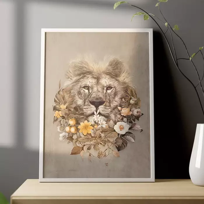 Quadro Decorativo Leão Floral - Coleção Collage Flowers
