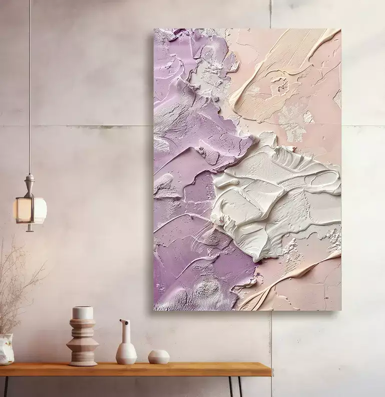 Quadro Decorativo Abstrato Textura Estilo Gesso Lilás com Rosé