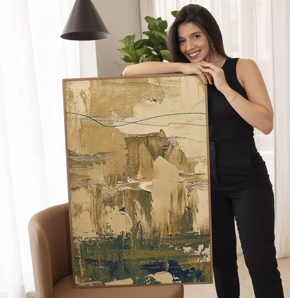 Quadro Decorativo Pinceladas Textura de Tinta Óleo Tons Bege