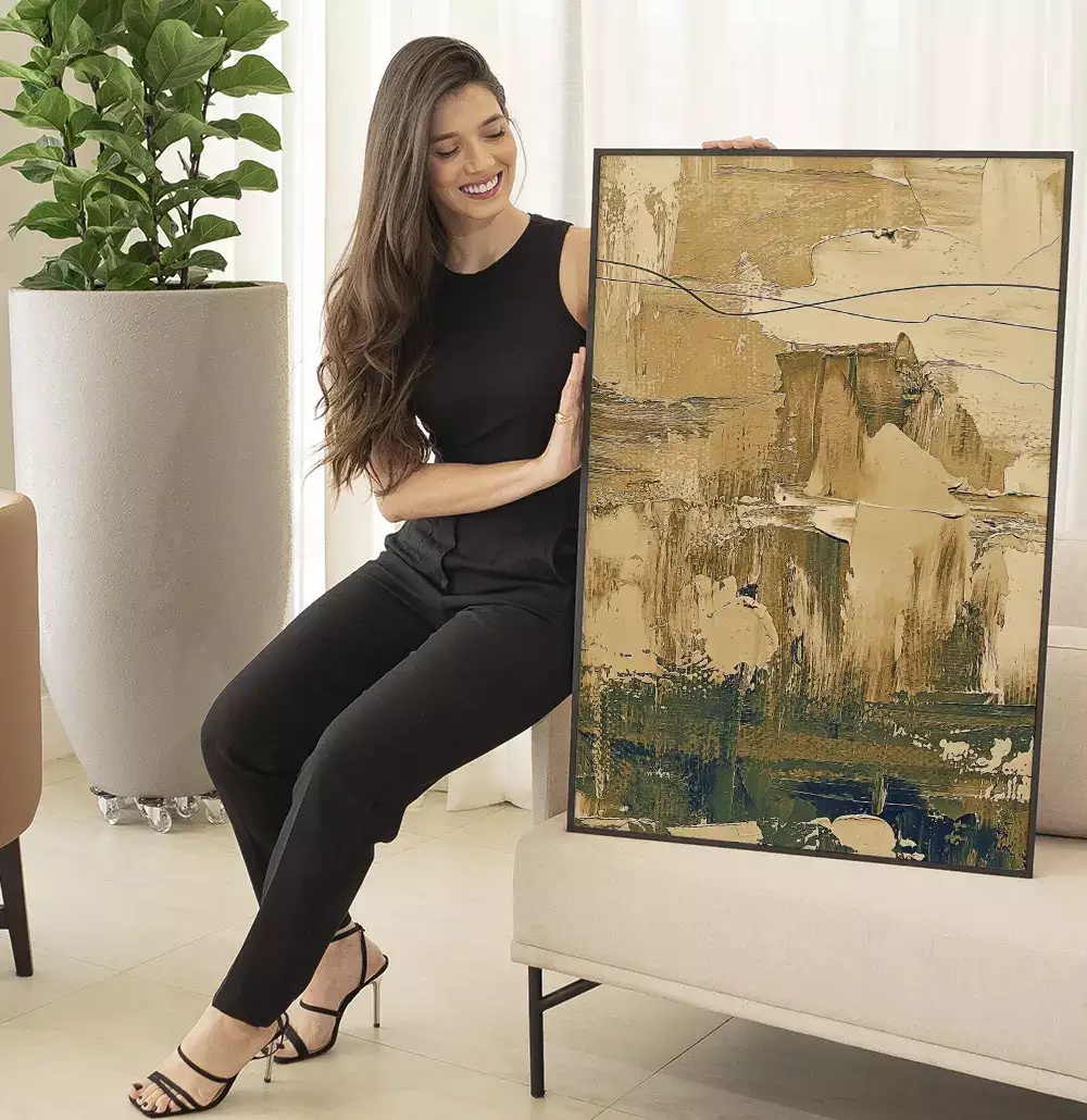Quadro Decorativo Pinceladas Textura de Tinta Óleo Tons Bege