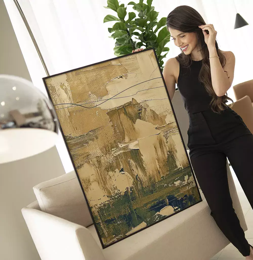 Quadro Decorativo Pinceladas Textura de Tinta Óleo Tons Bege