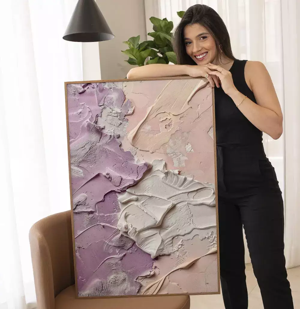 Quadro Decorativo Abstrato Textura Estilo Gesso Lilás com Rosé