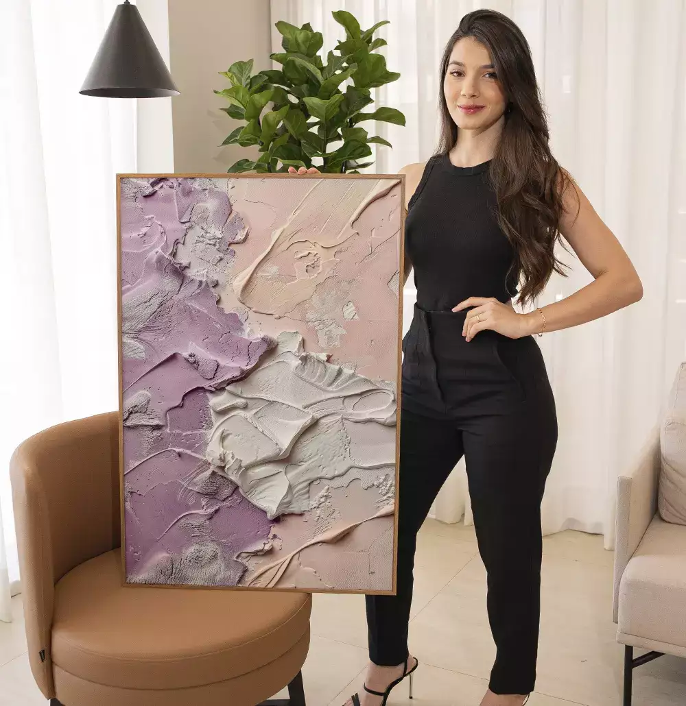 Quadro Decorativo Abstrato Textura Estilo Gesso Lilás com Rosé