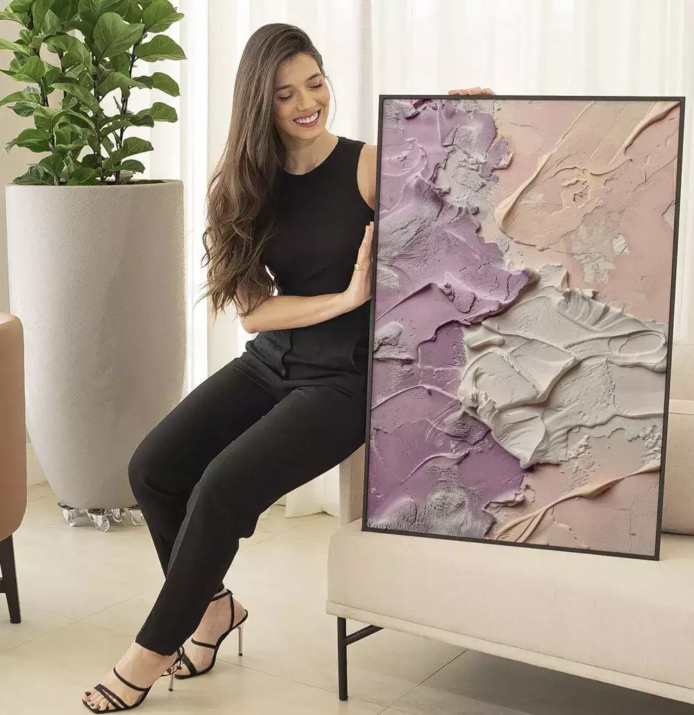 Quadro Decorativo Abstrato Textura Estilo Gesso Lilás com Rosé