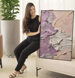 Quadro Decorativo Abstrato Textura Estilo Gesso Lilás com Rosé