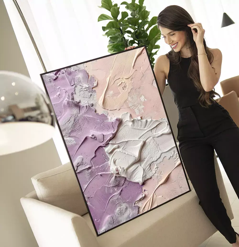 Quadro Decorativo Abstrato Textura Estilo Gesso Lilás com Rosé