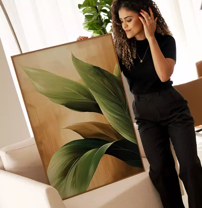 Quadro Decorativo Folhas Verdes no Ouro