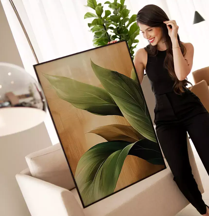 Quadro Decorativo Folhas Verdes no Ouro