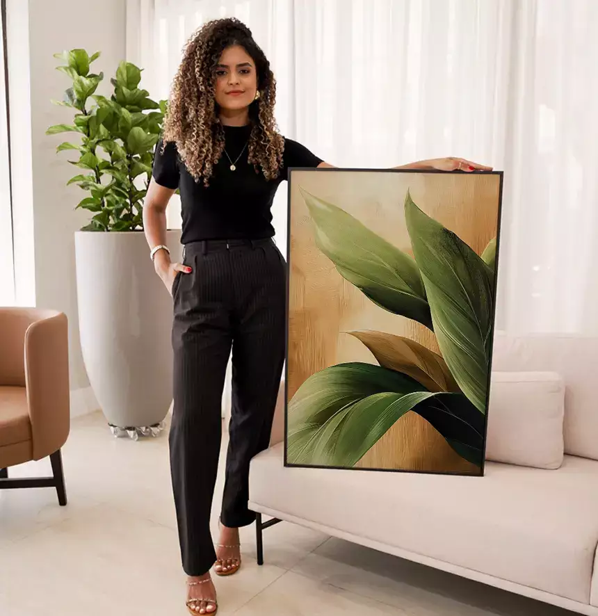Quadro Decorativo Folhas Verdes no Ouro