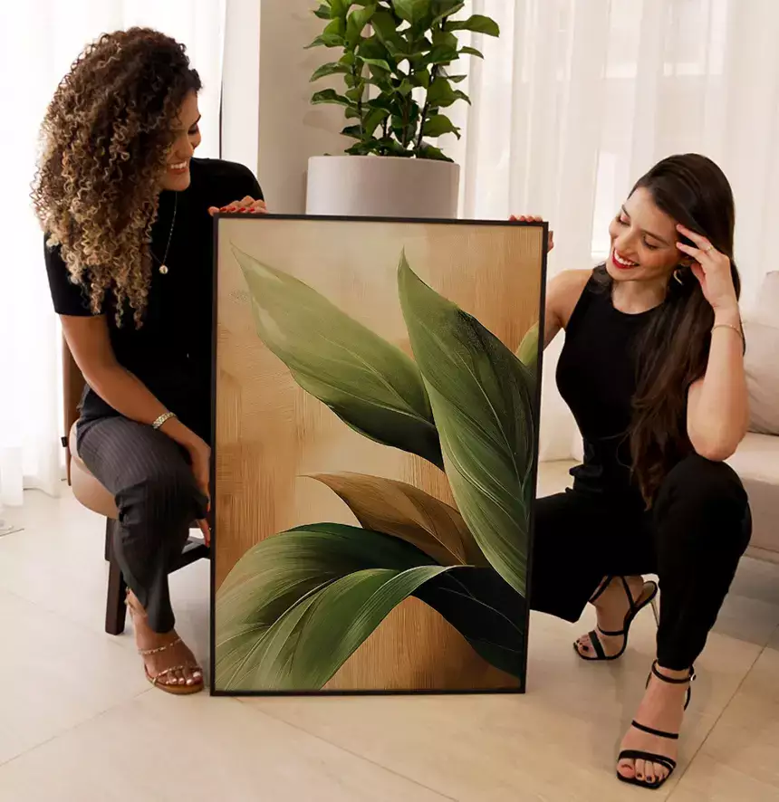 Quadro Decorativo Folhas Verdes no Ouro