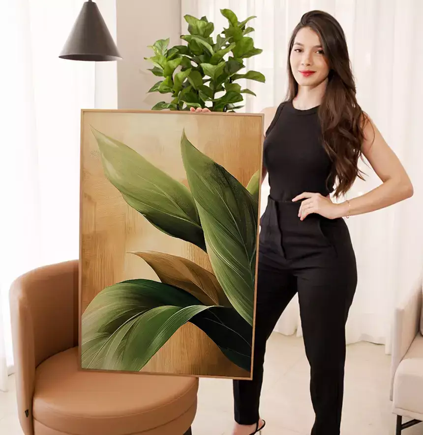 Quadro Decorativo Folhas Verdes no Ouro
