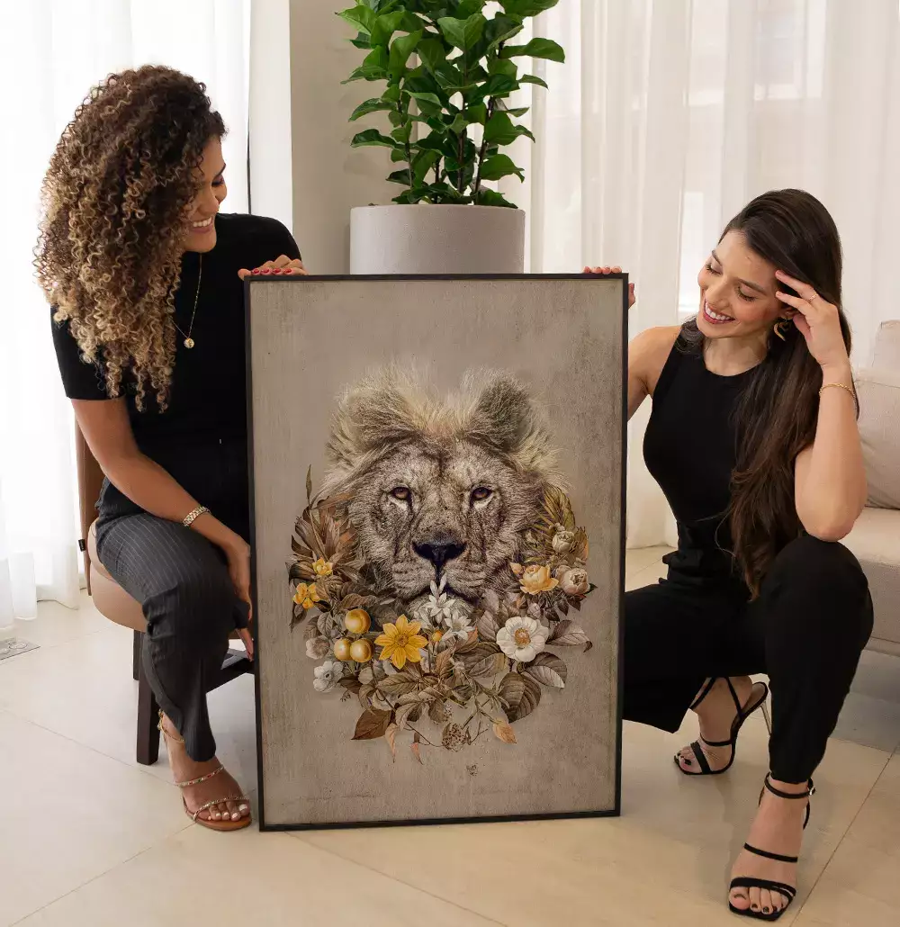 Quadro Decorativo Leão Floral - Coleção Collage Flowers