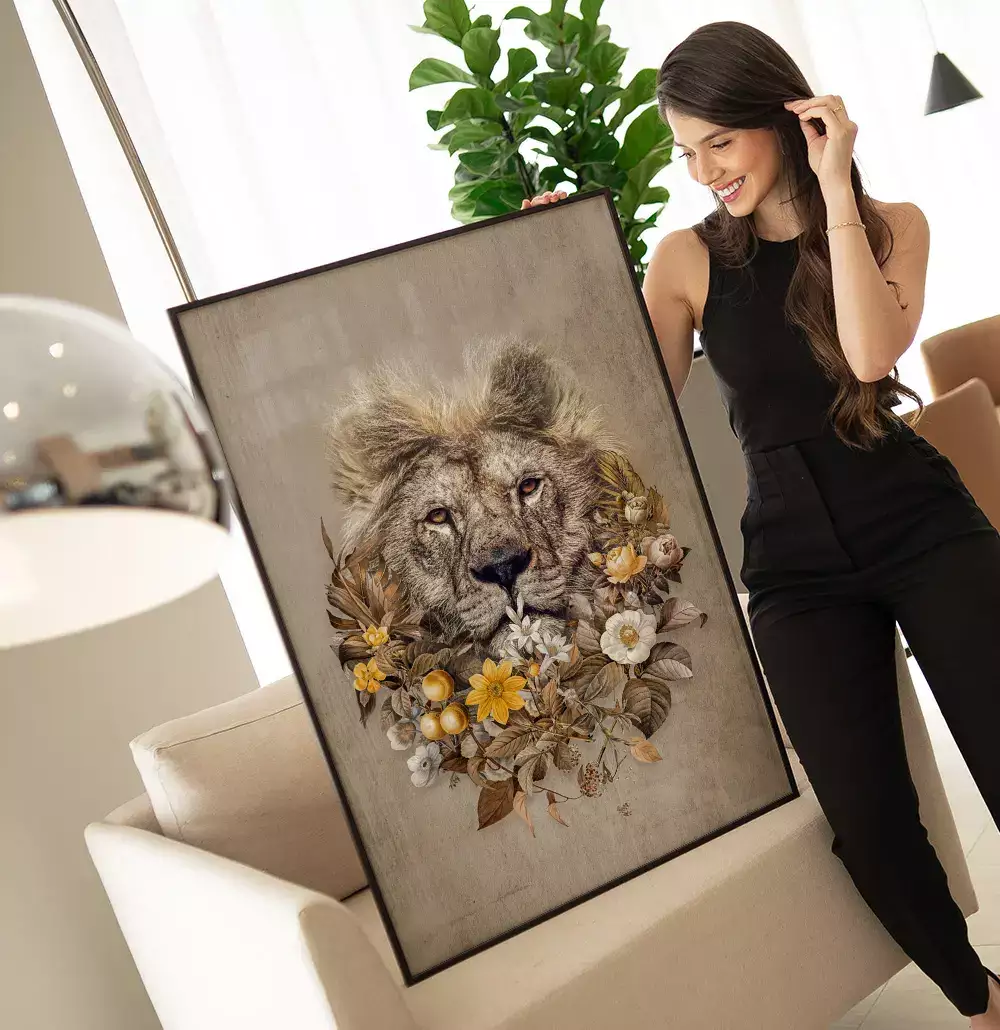 Quadro Decorativo Leão Floral - Coleção Collage Flowers