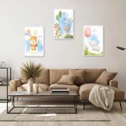 Trio de Quadros Decorativos Infantil – Animais nas Nuvens Aquarela