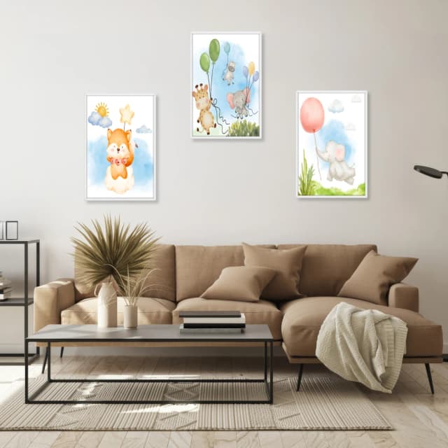 Trio de Quadros Decorativos Infantil – Animais nas Nuvens Aquarela