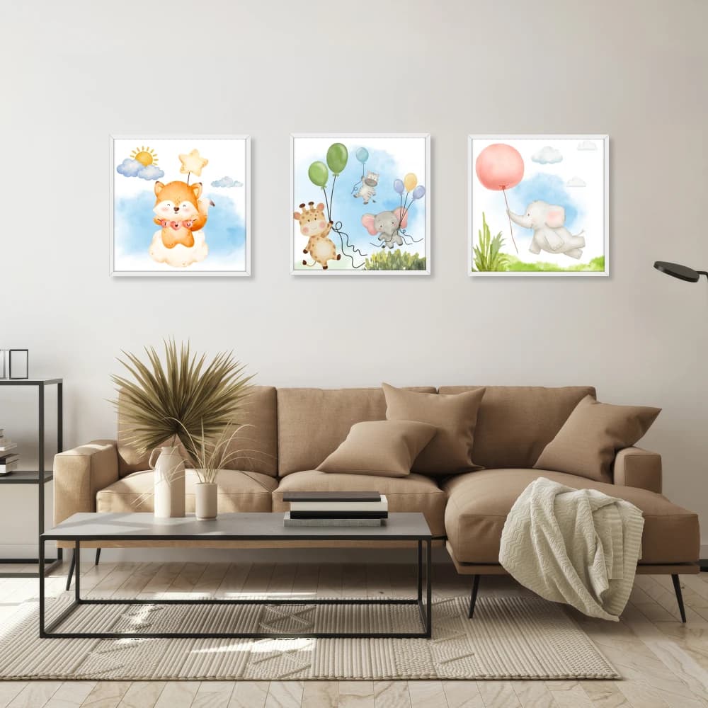 Trio de Quadros Decorativos Infantil – Animais nas Nuvens Aquarela