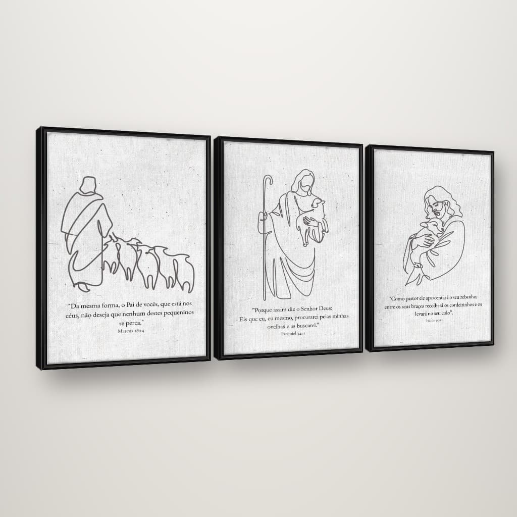 Trio de Quadros Minimalistas - O Bom Pastor