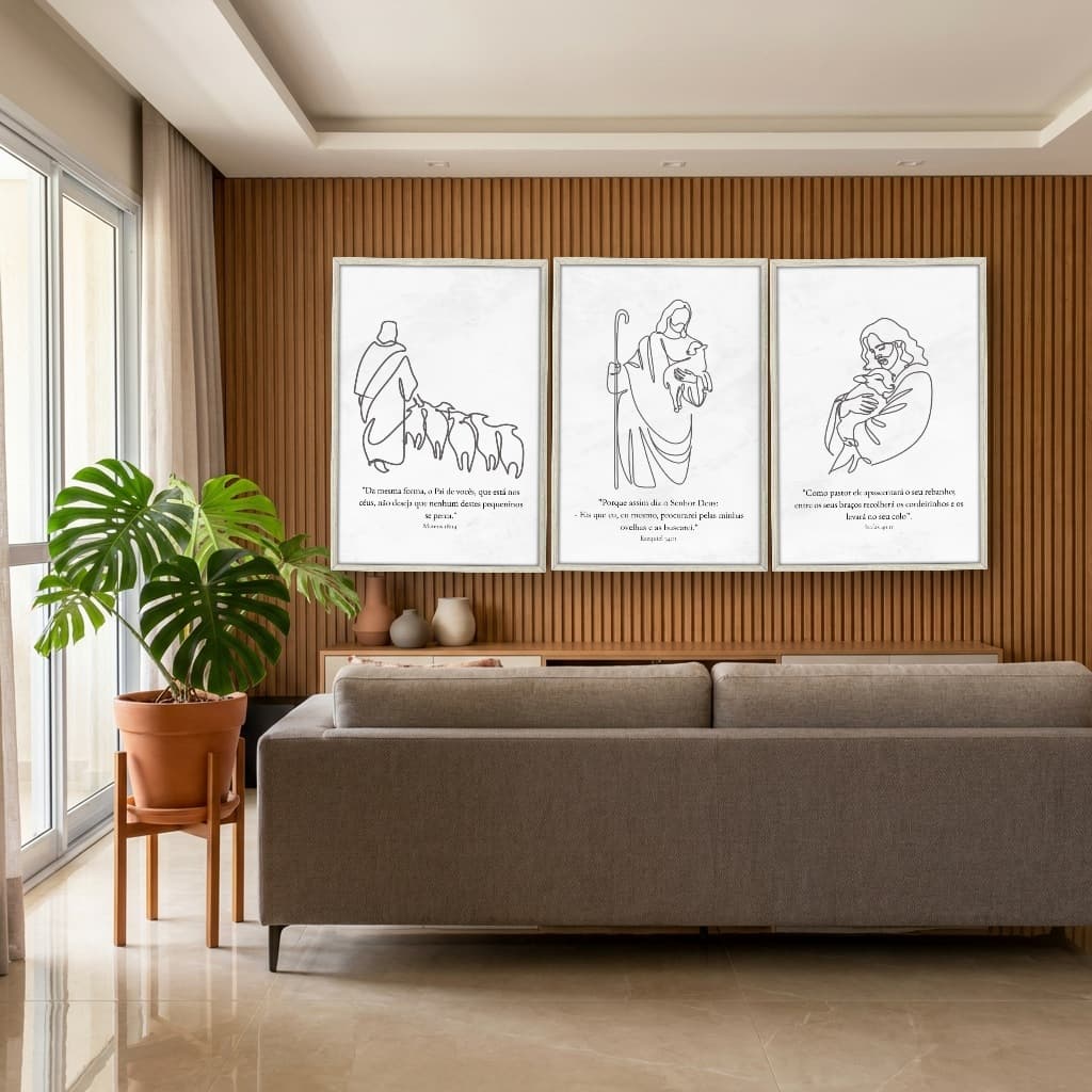 Trio de Quadros Minimalistas - O Bom Pastor