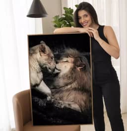 Quadro Decorativo Casal de Leões Fotografia Com Fundo Preto
