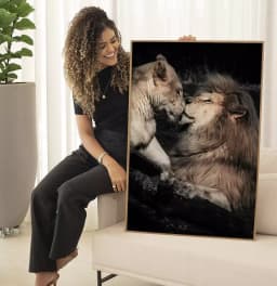 Quadro Decorativo Casal de Leões Fotografia Com Fundo Preto